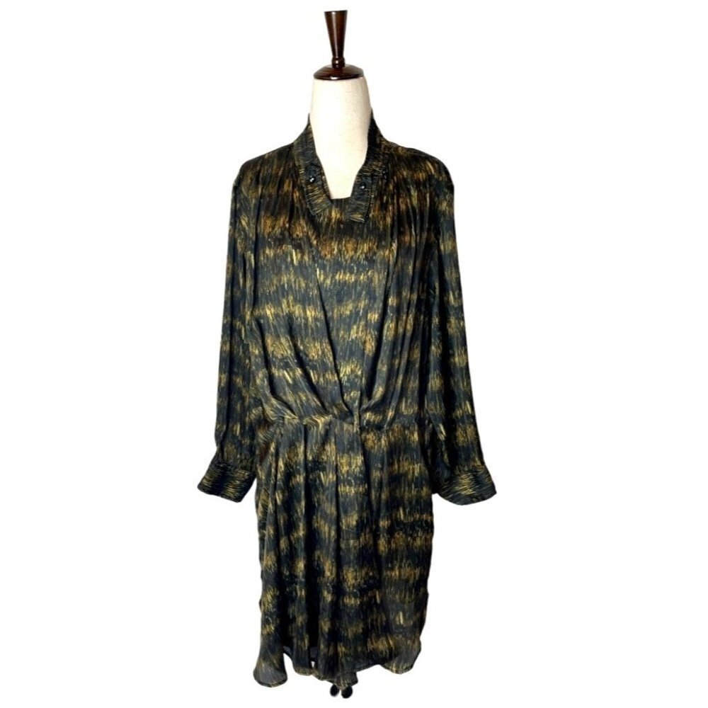 Isabel Marant Black And Gold Long Sleeve Pleated Draped Mini Dress Size M